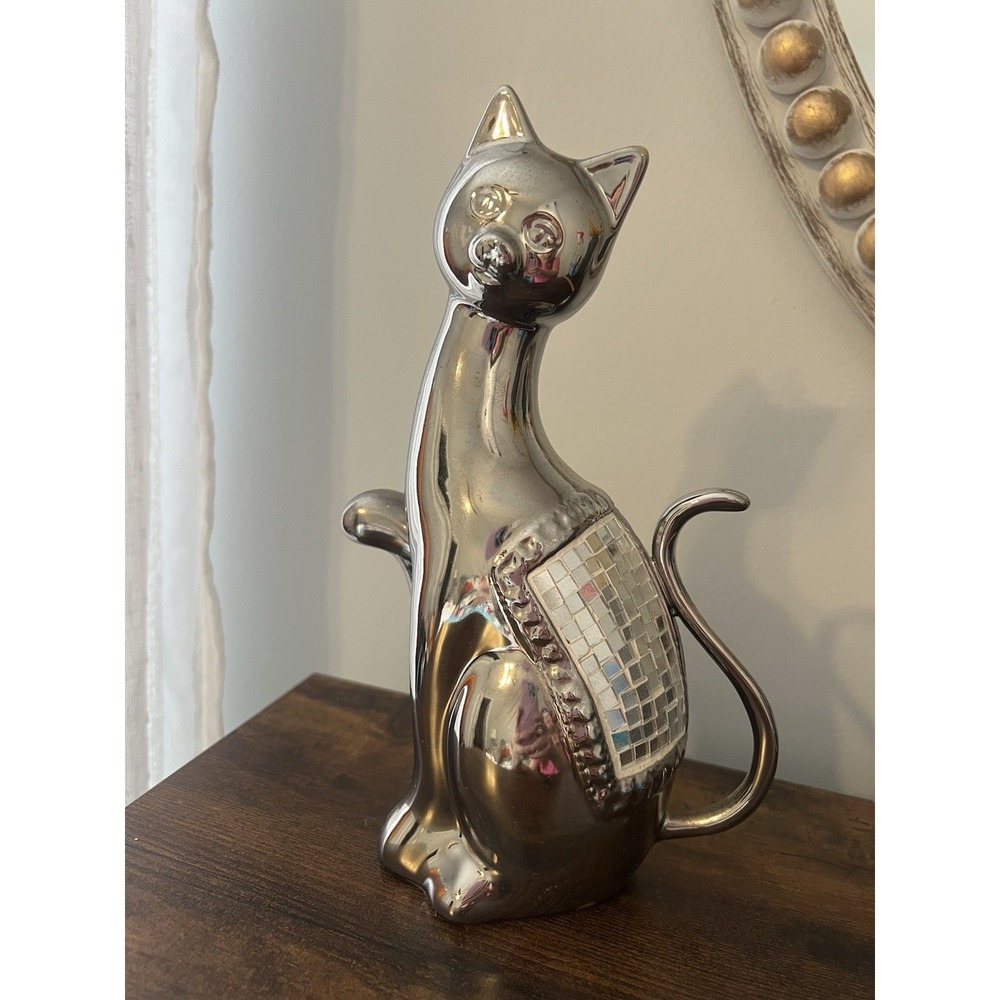 Mid Century Modern Chrome Cat Mosaic Atomic Retro Glam Figurine Statue‎ 10"